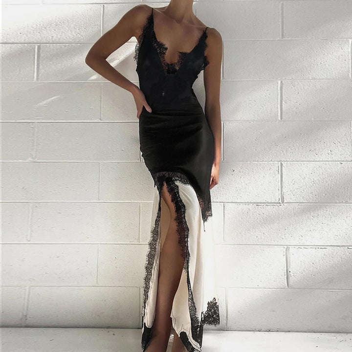 Damen elegantes Maxikleid mit Spitzenapplikationen und tiefem V-Ausschnitt Drune