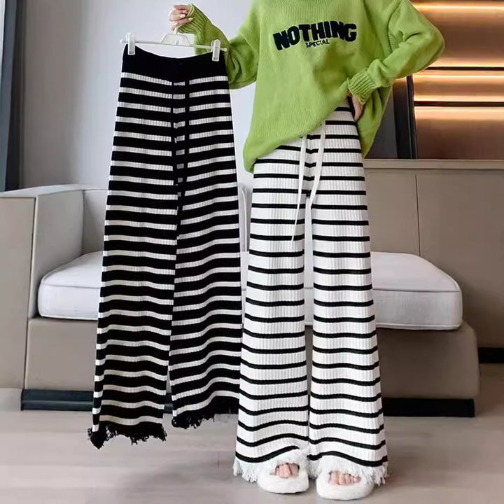 Damen Elegante gestreifte Palazzo-Hosen aus Rippstrick Drune
