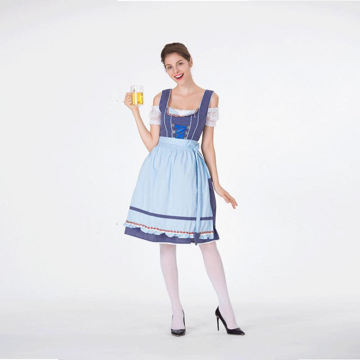 Damen nan bayerisches Trachtenkleid mit gepunktetem Mieder, Spitzeneinsätzen und geraffter Schürze Drune