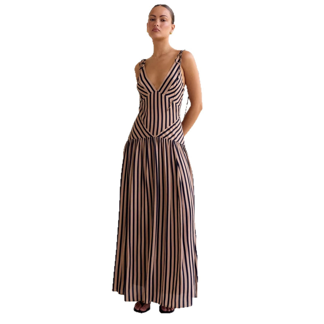 Damen Maxikleid mit tiefem V-Ausschnitt und elegantem Streifendesign Drune