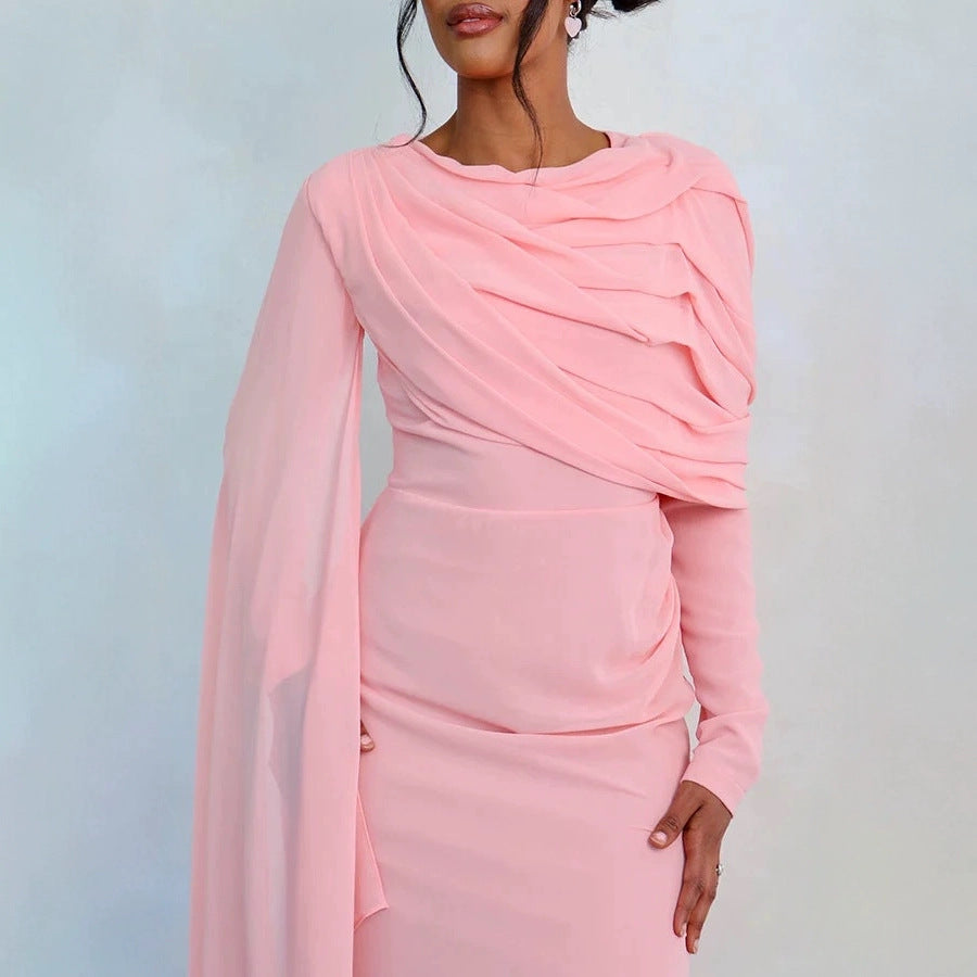 Damen Glamouröses Langarmkleid mit drapiertem Oberteil und fließendem Schnitt Drune