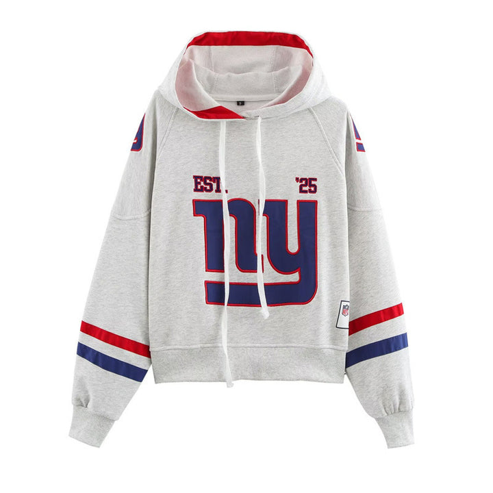Damen sportlicher cropped Hoodie mit buntem Grafikelement und praktischem Kordelzug Drune
