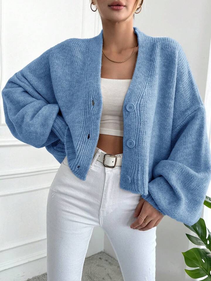 Damen lässiger Grobstrickcardigan mit knöpfbarem Design und voluminösen Ärmeln Drune