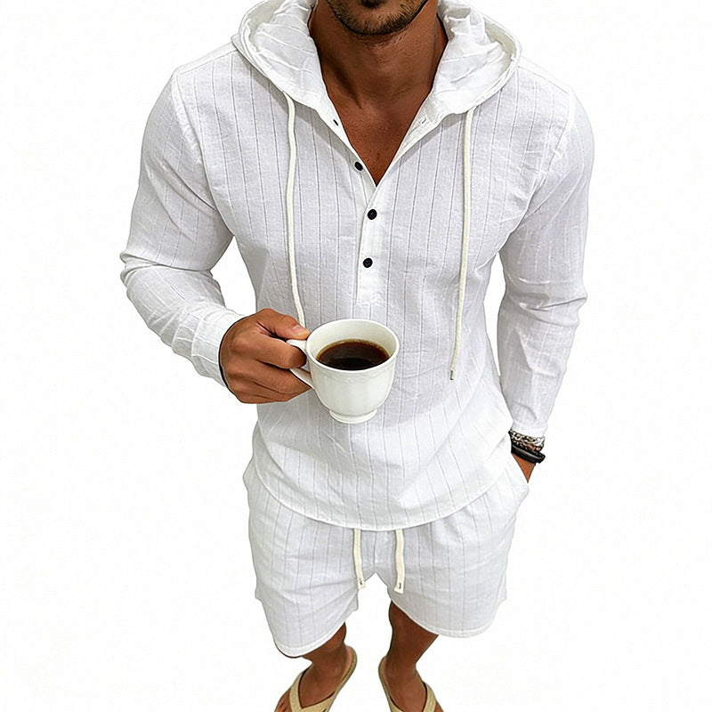 Herren nan gestreiftes Leinenoptik-Kapuzen-Henley-Set mit Tunnelzug-Shorts Drune