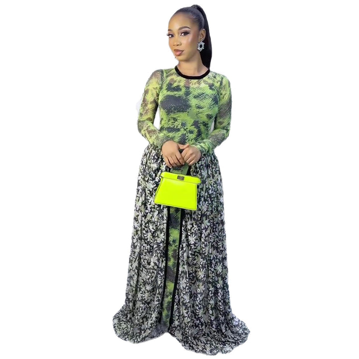 Damen Maxi-Kleid mit transparentem Oberteil und floralem Unterrock Drune
