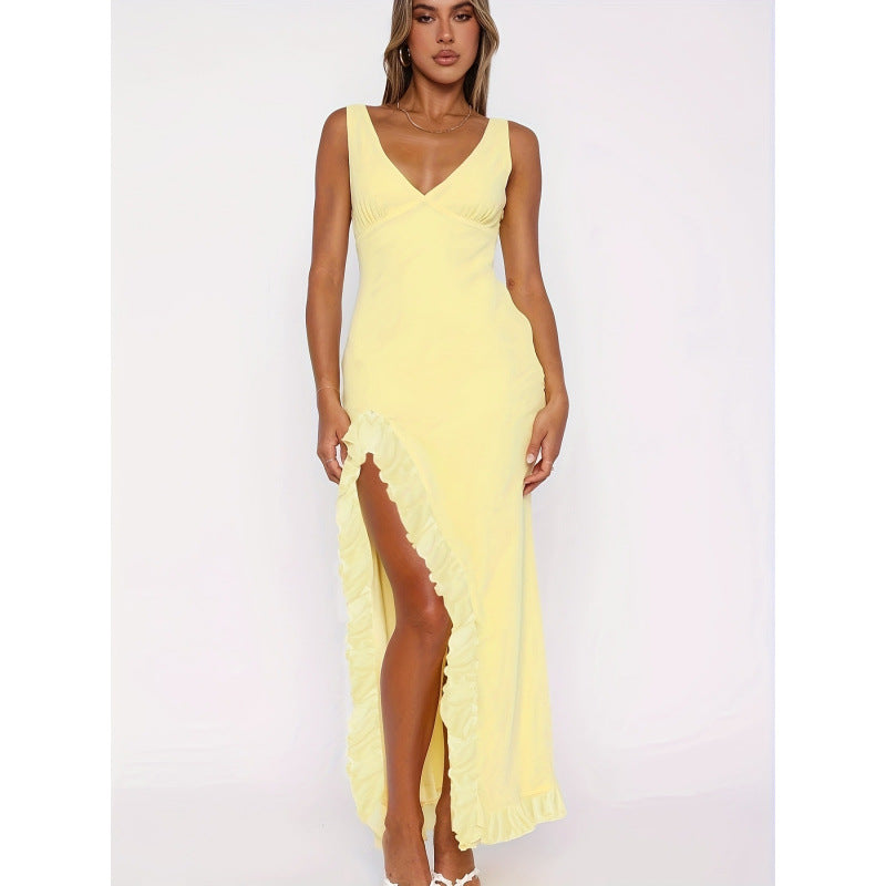 Damen Maxikleid mit voluminösen Rüschendetails und tiefem Schlitz Drune