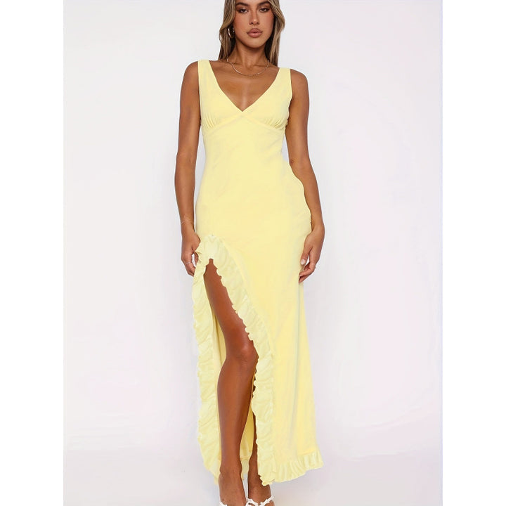 Damen Maxikleid mit voluminösen Rüschendetails und tiefem Schlitz Drune