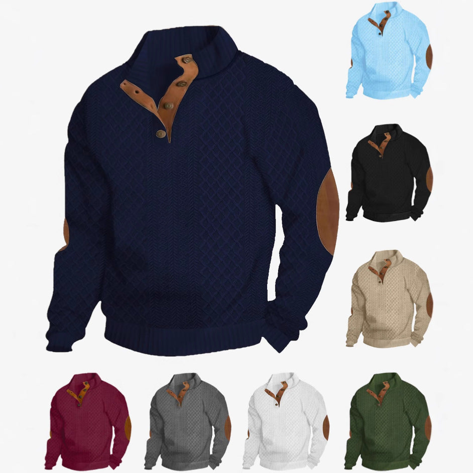 Herren nan Grobgestrickter Pullover mit Ellbogenpatches, Stehkragen und Knopfleiste Drune