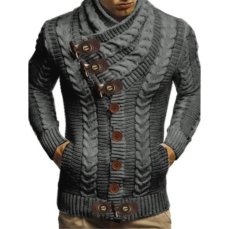 Herren Grobstrickjacke mit kreativem Schalkragen und Knopfdetails Drune