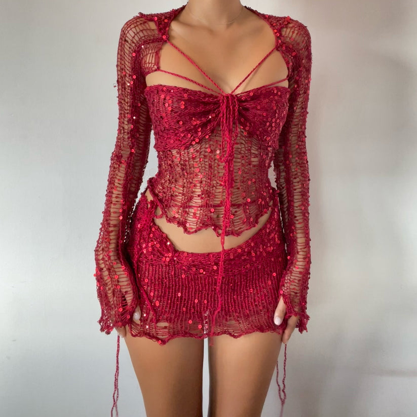 Drune | Pailletten Häkelstrick Langarm Crop Top Minirock Coord Satz