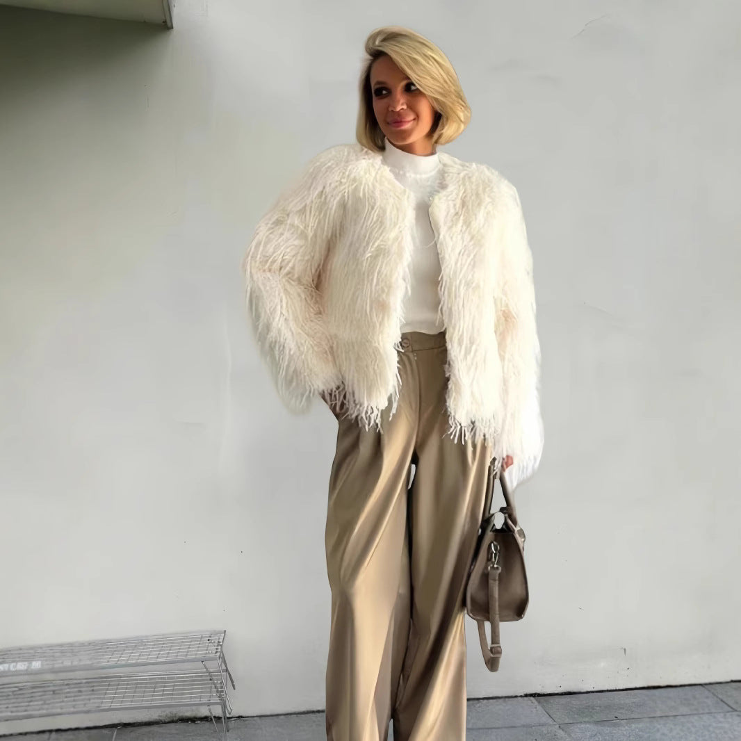 Damen Modische Kunstpelzjacke mit voluminösen Ärmeln Drune