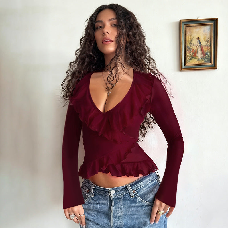 Damen lässiges Wickeloberteil mit Rüschendetails und V-Ausschnitt Drune