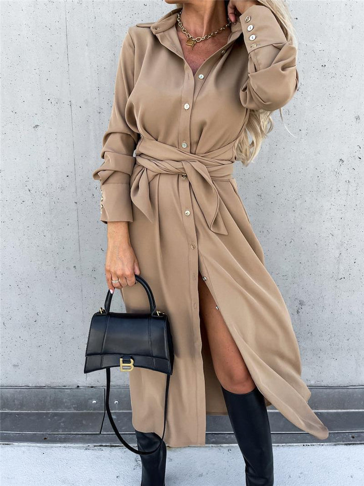 Damen Lange Hemdbluse mit Bindegürtel und elegantem Material Drune