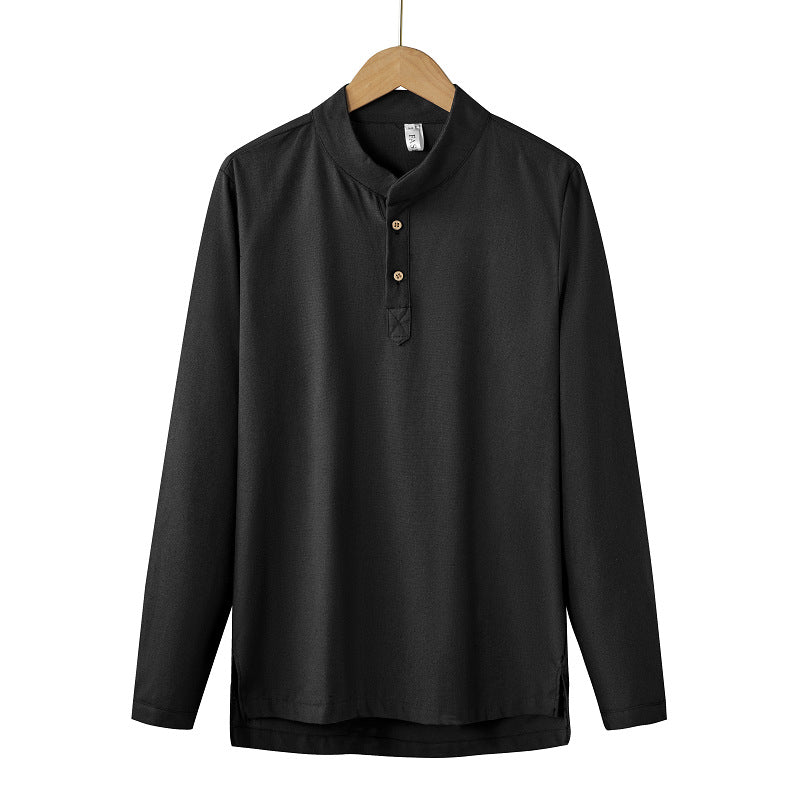 Herren nan langärmeliges Henley-Shirt mit Stehkragen und verdeckter Knopfleiste aus Baumwollmix Drune