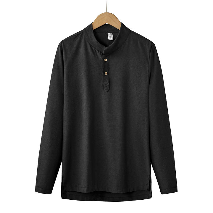 Herren nan langärmeliges Henley-Shirt mit Stehkragen und verdeckter Knopfleiste aus Baumwollmix Drune