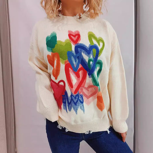 Damen kuscheliger Pullover mit buntem Herzdesign Drune
