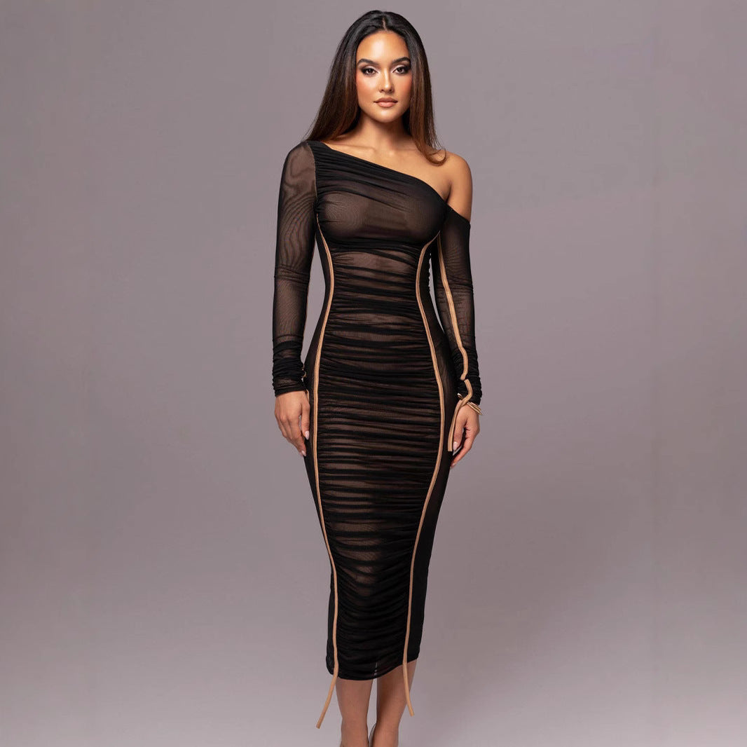 Damen Elegantes One-Shoulder Kleid mit Rüschen Drune