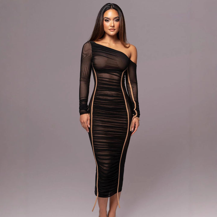 Damen Elegantes One-Shoulder Kleid mit Rüschen Drune
