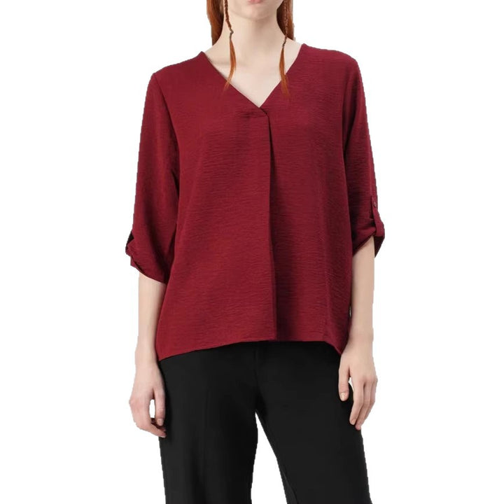 Damen luftige Bluse mit V-Ausschnitt und hochrollbaren Ärmeln Drune