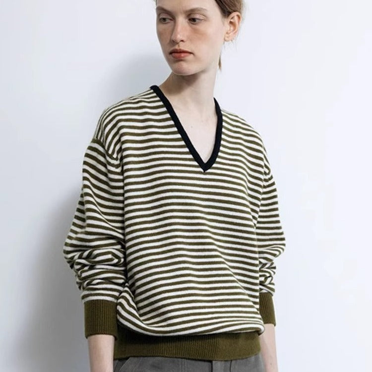 Damen gestreifter V-Ausschnitt Pullover Drune
