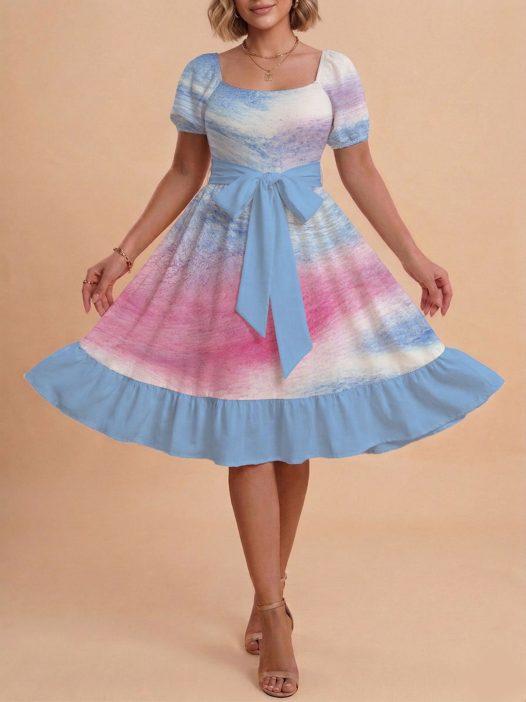 Damen Retro Maxikleid mit Puffärmeln und Taillengürtel Drune