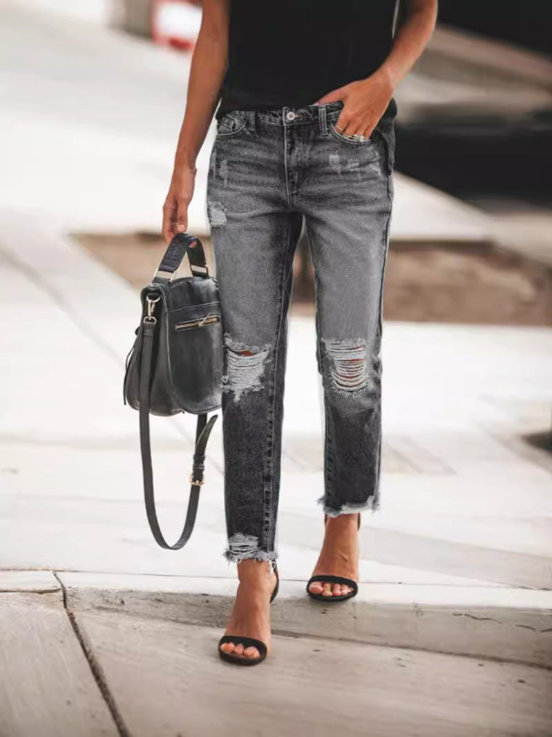 Damen Ripped Denim-Jeans mit lässigem Schnitt und ausgefranstem Saum Drune