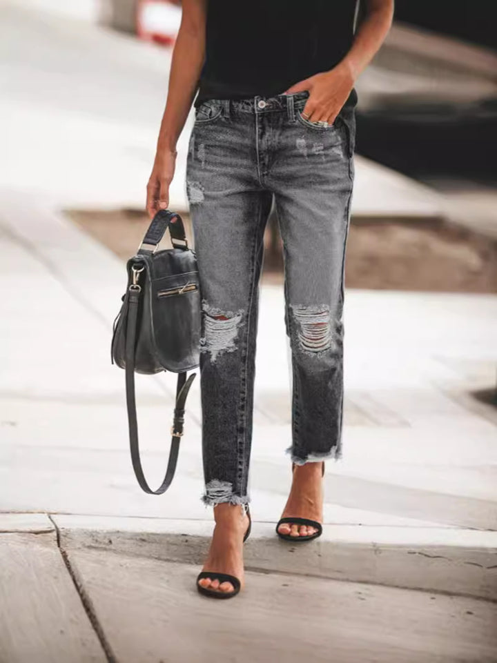 Damen Ripped Denim-Jeans mit lässigem Schnitt und ausgefranstem Saum Drune