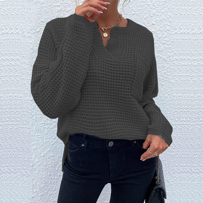 Damen lässiger Strickpullover mit V-Ausschnitt und strukturierter Oberfläche Drune