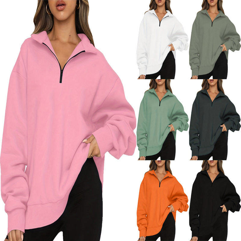 Damen nan Oversized Sweatshirt mit Kurzreißverschluss, Stehkragen und Kängurutasche Drune