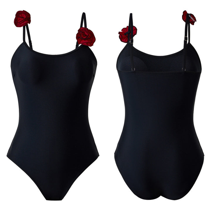 Damen Einteiler Badeanzug mit dekorativen Blumenapplikationen und elegantem Wickelrock Drune