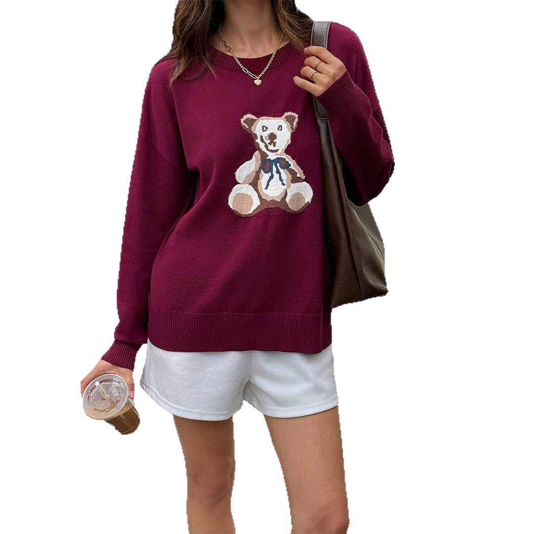 Damen nan Oversize-Strickpullover mit eingestricktem Teddybärmotiv und Rippbündchen Drune