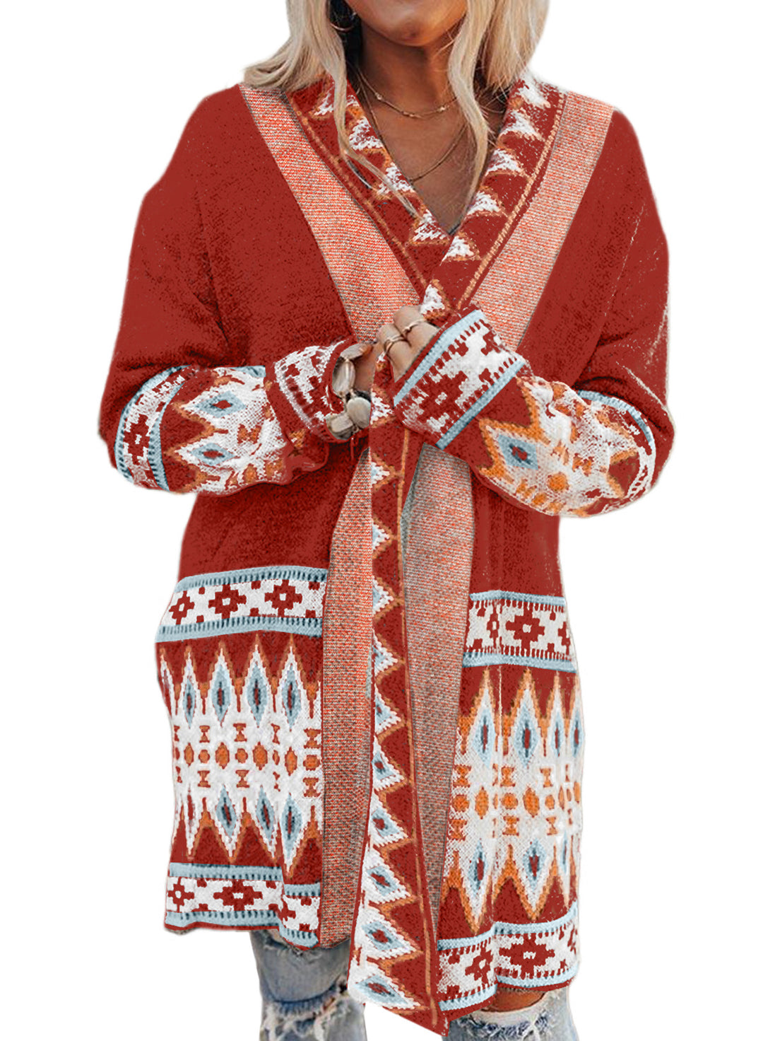 Damen Langarm-Strickjacke mit geometrischem Muster und offenen Taschen Drune