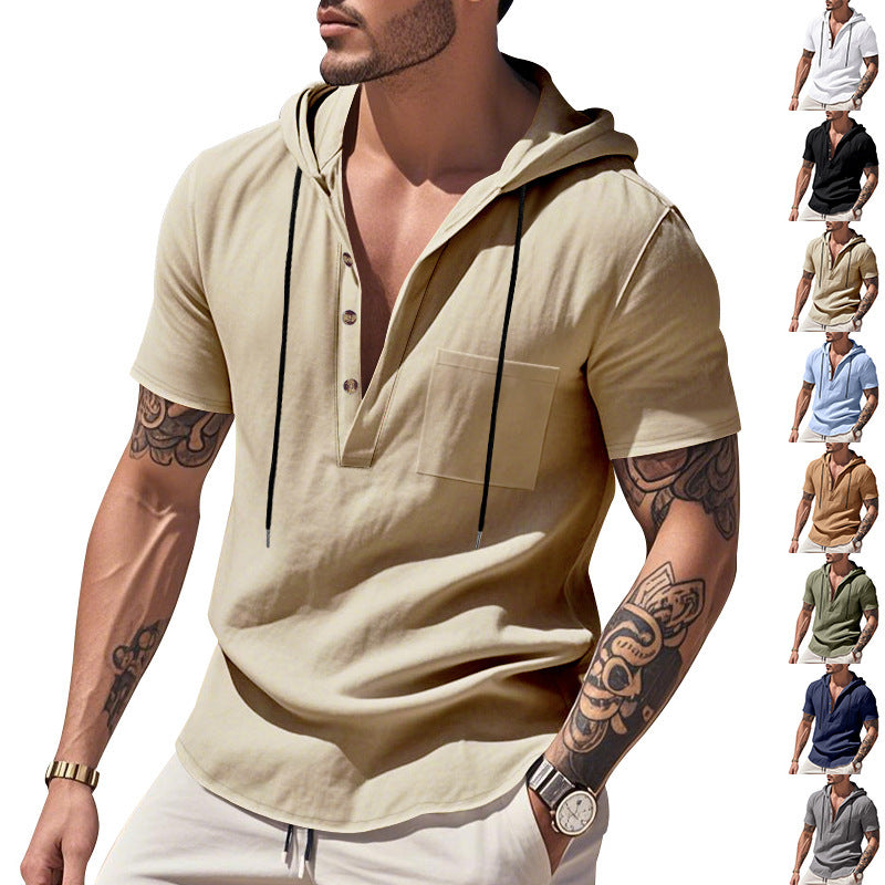 Herren Kurzarm-Henley-Hemd mit Kapuze und Knopfleiste Drune