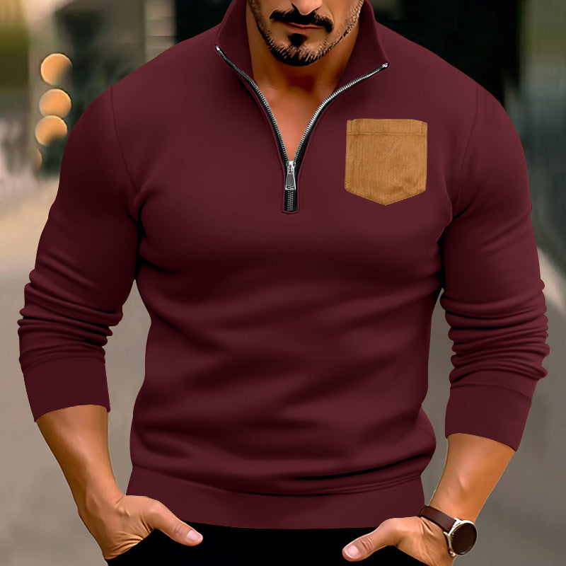 Herren modischer Pullover mit halbem Reißverschluss und kontrastierender Brusttasche Drune