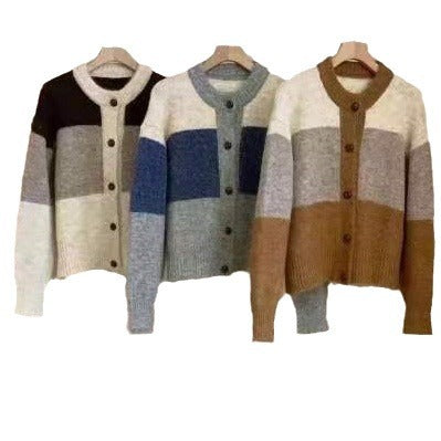 Damen Gemütlicher Strickcardigan mit Knopfverschluss und kontrastierenden Farbstreifen Drune