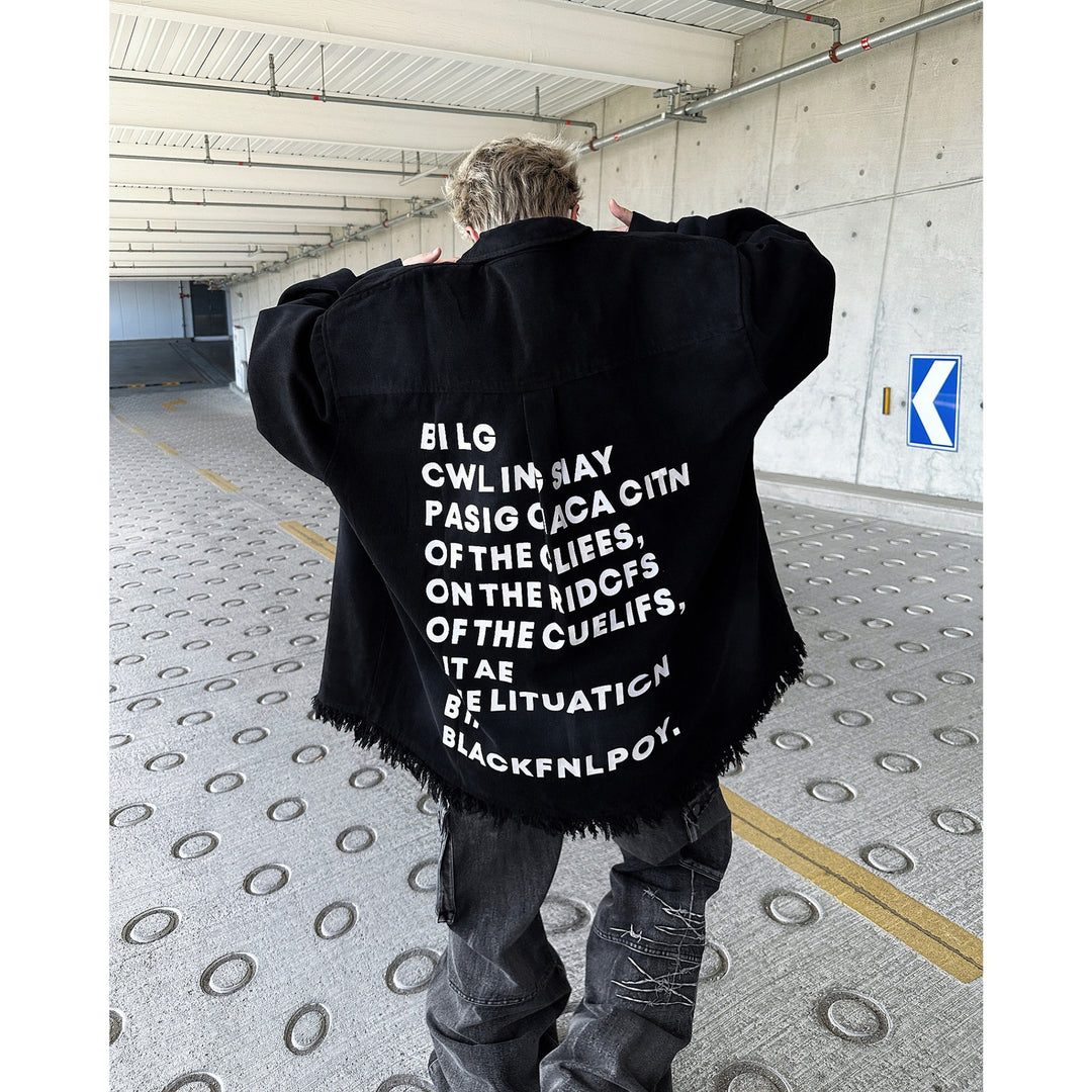 Herren Oversize-Denimjacke mit Fransen und grafischem Druck Drune