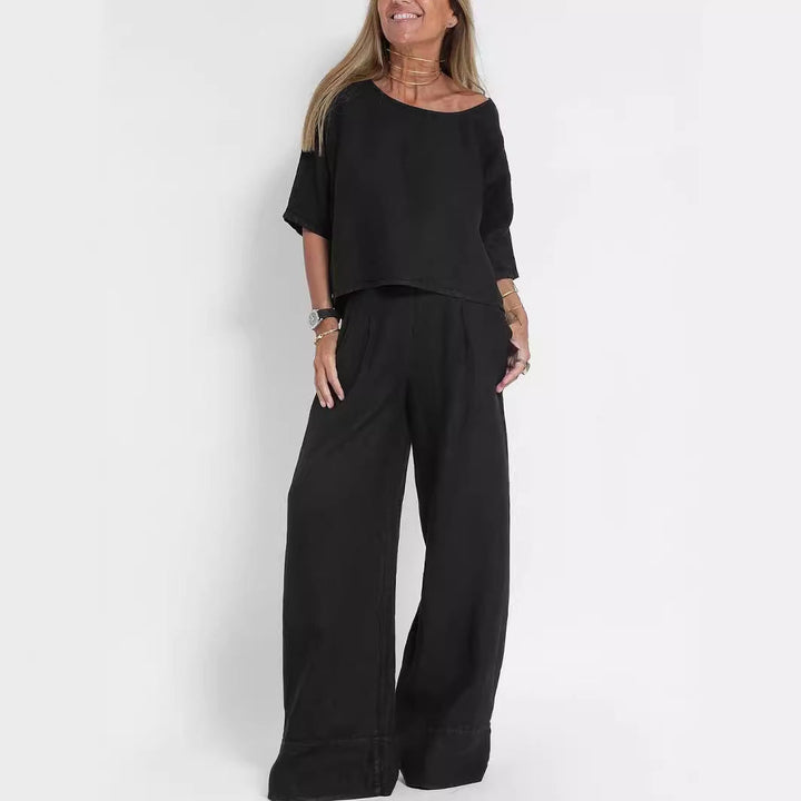 Damen lässiges Leinen-Set mit weitem Oberteil und palazzo Hosen Drune