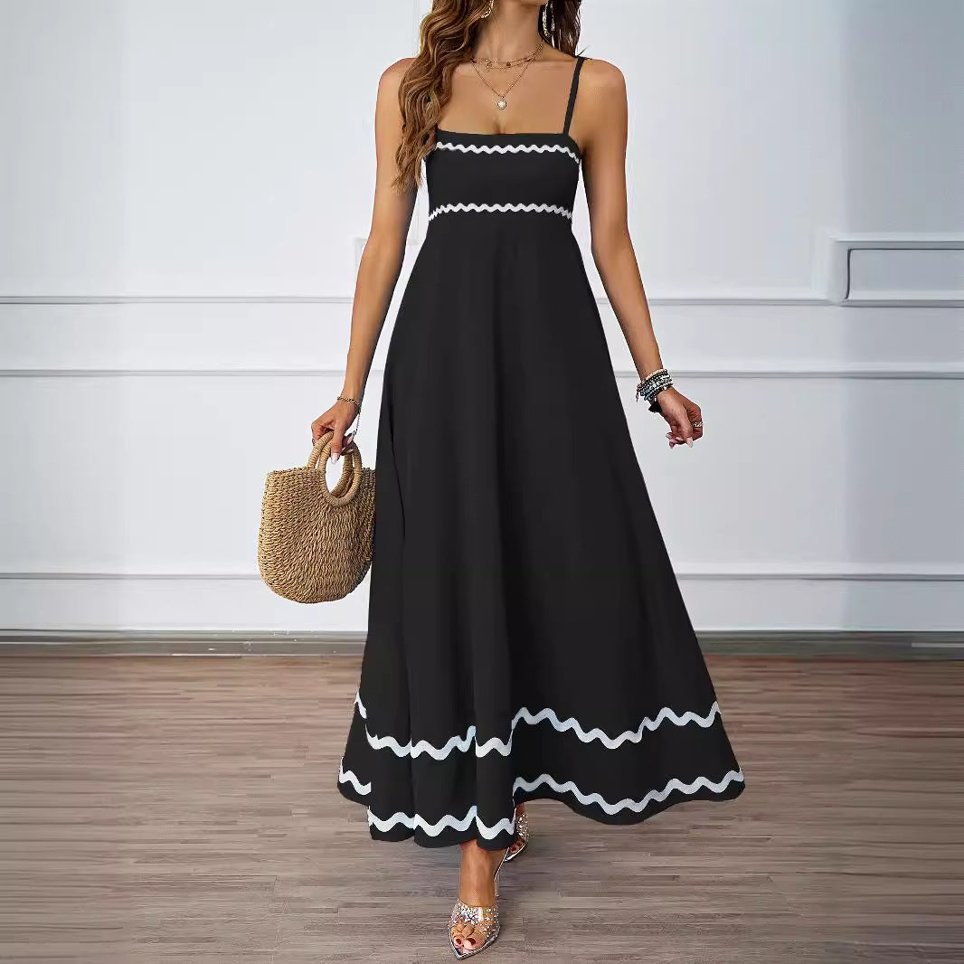 Damen Lange Maxi-Kleid mit Spaghetti-Trägern und dekorativem Saum Drune