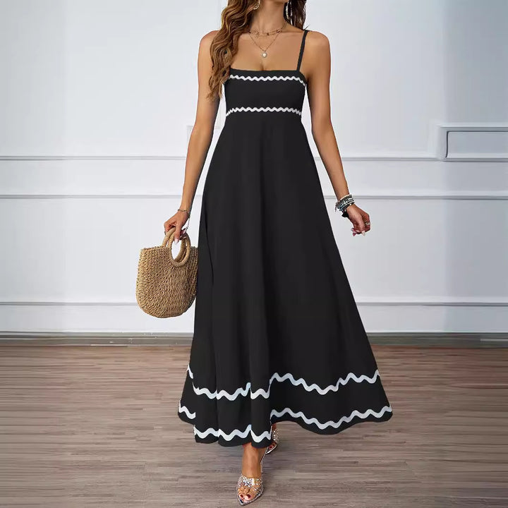 Damen Lange Maxi-Kleid mit Spaghetti-Trägern und dekorativem Saum Drune