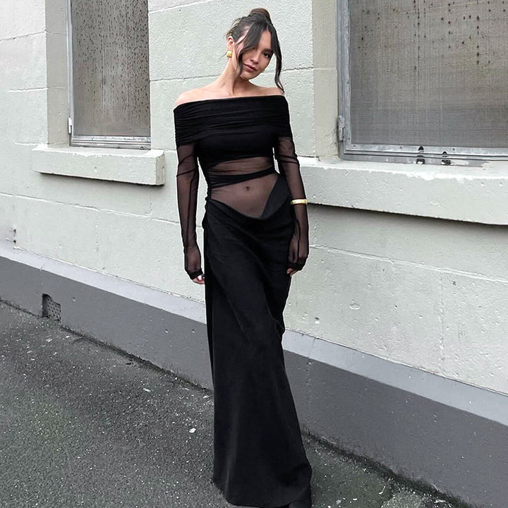 Damen Maxikleid mit schulterfreiem Design und fließendem Stoff Drune