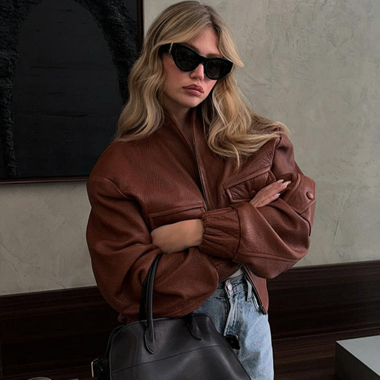 Damen Modische Kunstlederjacke mit dekorativen Detail Drune