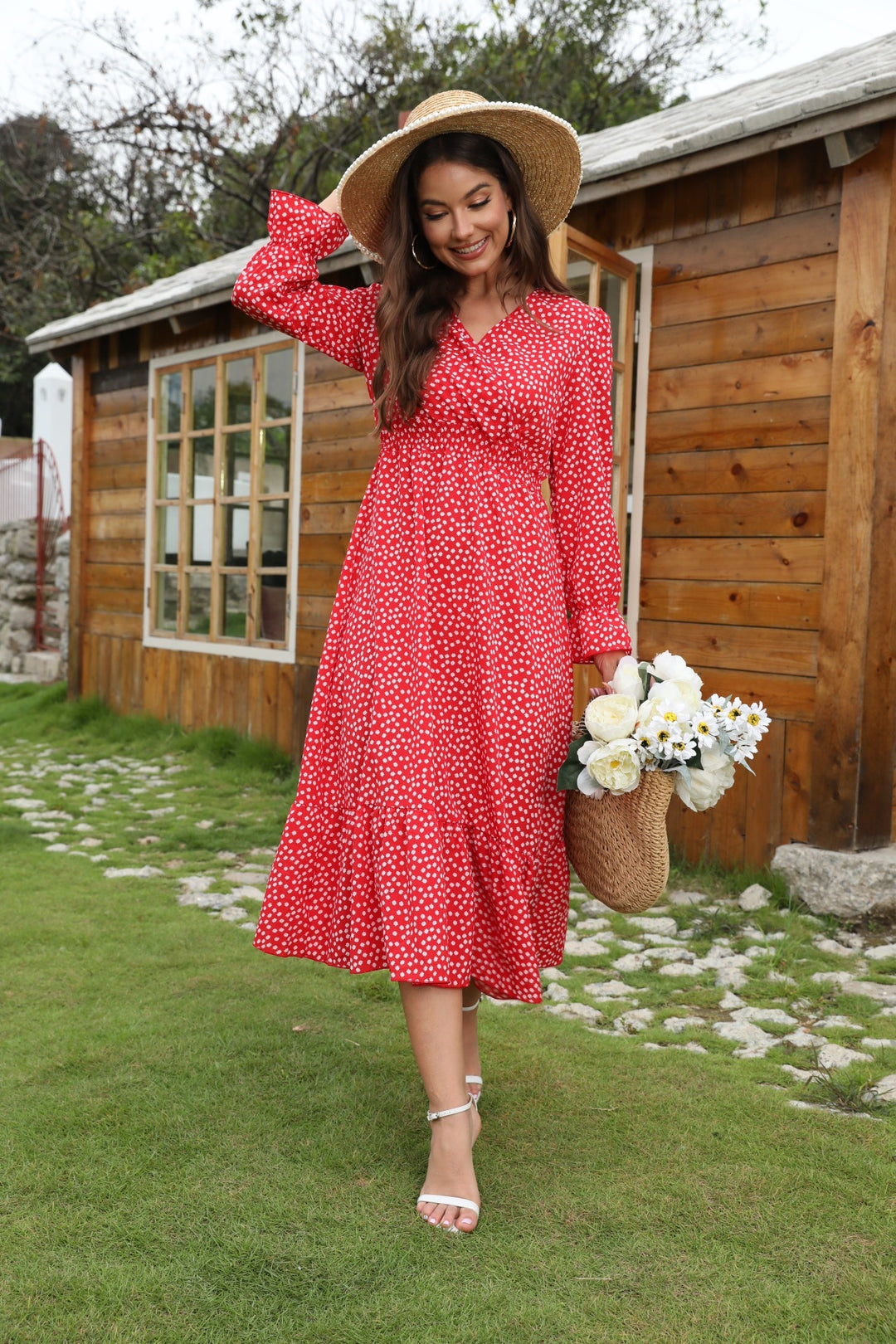 Damen Midikleid mit floralen Punkten und schwingendem Rock Drune