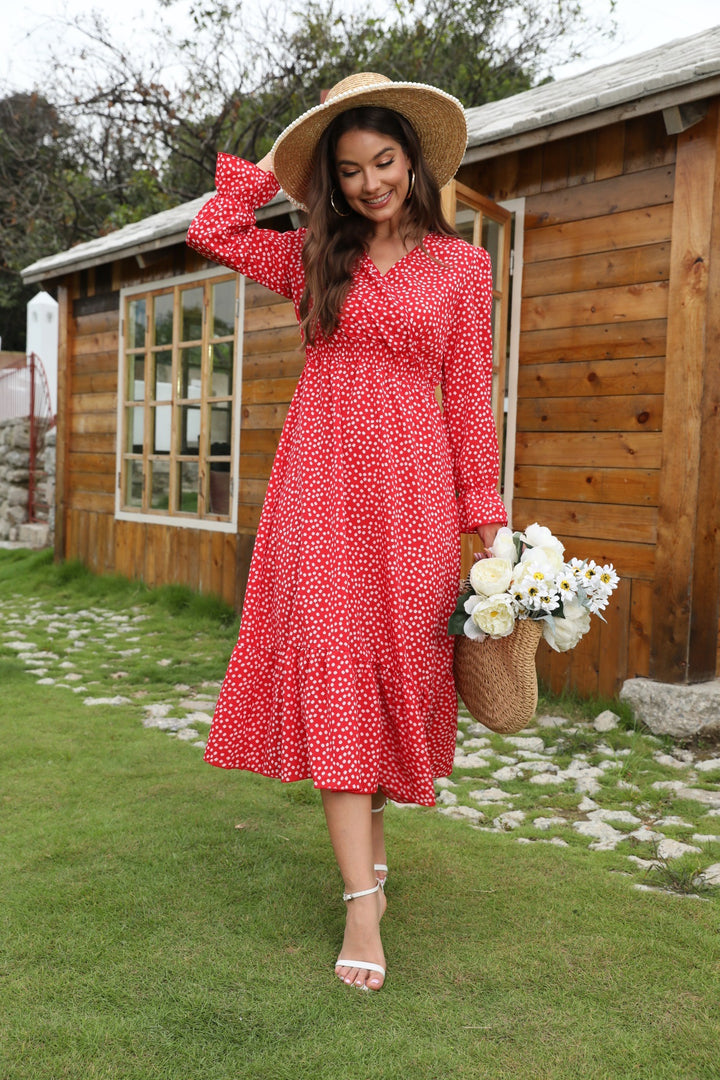 Damen Midikleid mit floralen Punkten und schwingendem Rock Drune