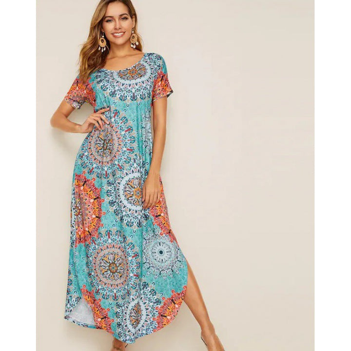 Damen Sommerliches A-Linien Kleid mit buntem Mandala-Design Drune