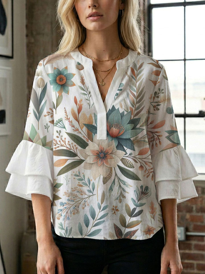 Damen Blusenshirt mit voluminösen Ärmeln und kreativem Druckdesign Drune