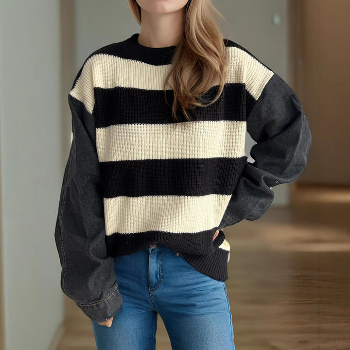 Damen lässiger Strickpullover mit auffälligem Blockstreifenmuster und weiten Ärmeln Drune