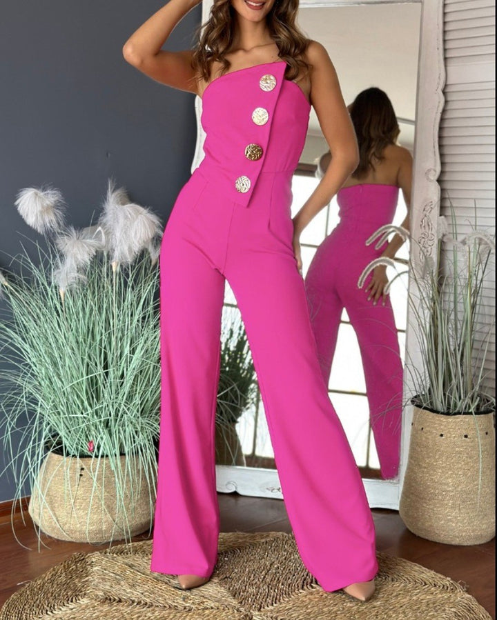 Damen Eleganter Jumpsuit mit schulterfreien Design und dekorativen Knöpfen Drune