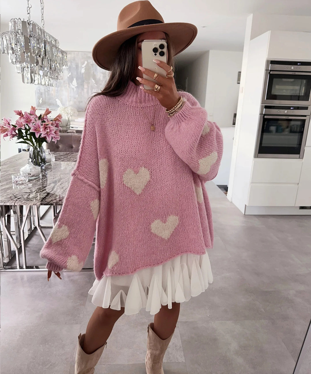 Damen grob gestrickter Pullover mit Herzmotiven und lässigem Schnitt Drune