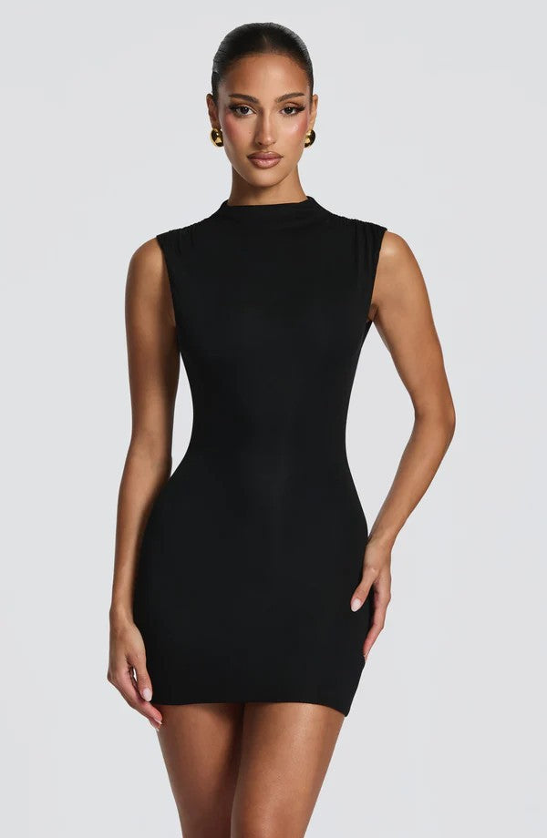 Damen Enganliegendes Stretch-Minikleid mit hohem Kragen Drune