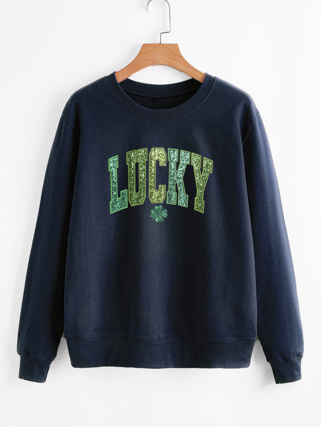Damen lässiger Sweatshirt mit glitzerndem Schriftzug und Kleeblattmotiv Drune